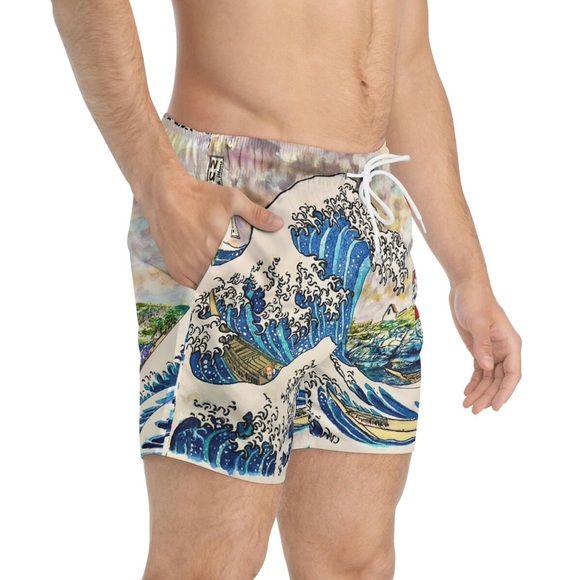 Great Wave Off Nubble Lighthouse Swim Trunks - Hokusai Inspired New England Art - Picture 5 of 13